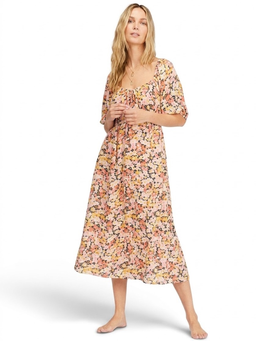 Billabong Short Sleeve Midi Dress Warm Tone Floral Print Lightweight Medium